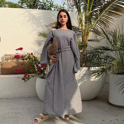 Wide Sleeve Textured Twill Blend Abaya with Belt(MA333)