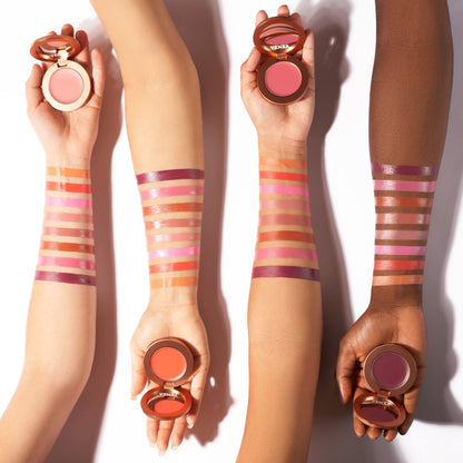 YENSA Super Serum Silk Buildable Cream Blush in Moody Mauve, showcasing smooth, blendable pinkish mauve blush on skin
