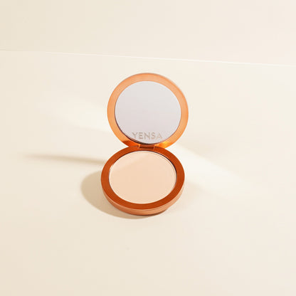 YENSA Super Serum Silk Matte Powder Peptide Foundation in fair shade, showing smooth, matte finish with fine powder texture.