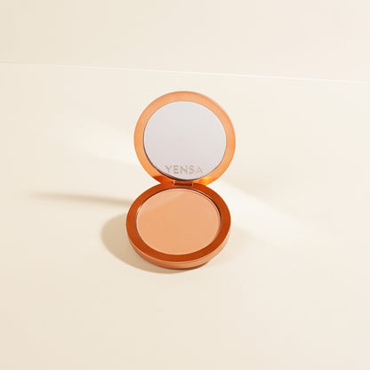 YENSA Super Serum Silk Matte Powder Foundation in fair shade, showcasing smooth, matte finish and peptide-infused formula.