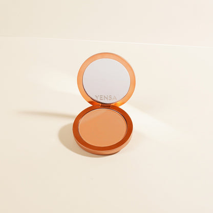 YENSA Super Serum Silk Matte Powder Foundation in Fair, a lightweight peptide foundation with a smooth matte finish.
