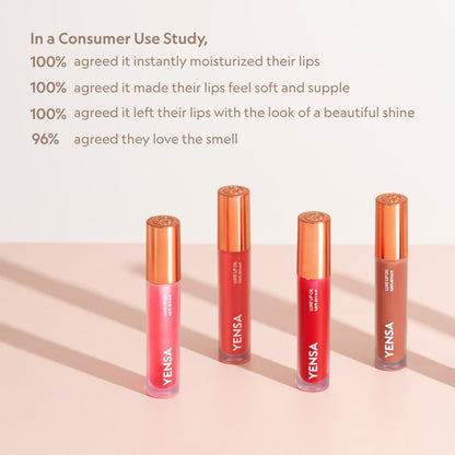 YENSA Luxe Lip Nourishing Oil with Hyaluronic and Vitamin E, featuring a glossy lip oil with a deep ruby tint in a sleek bottle.