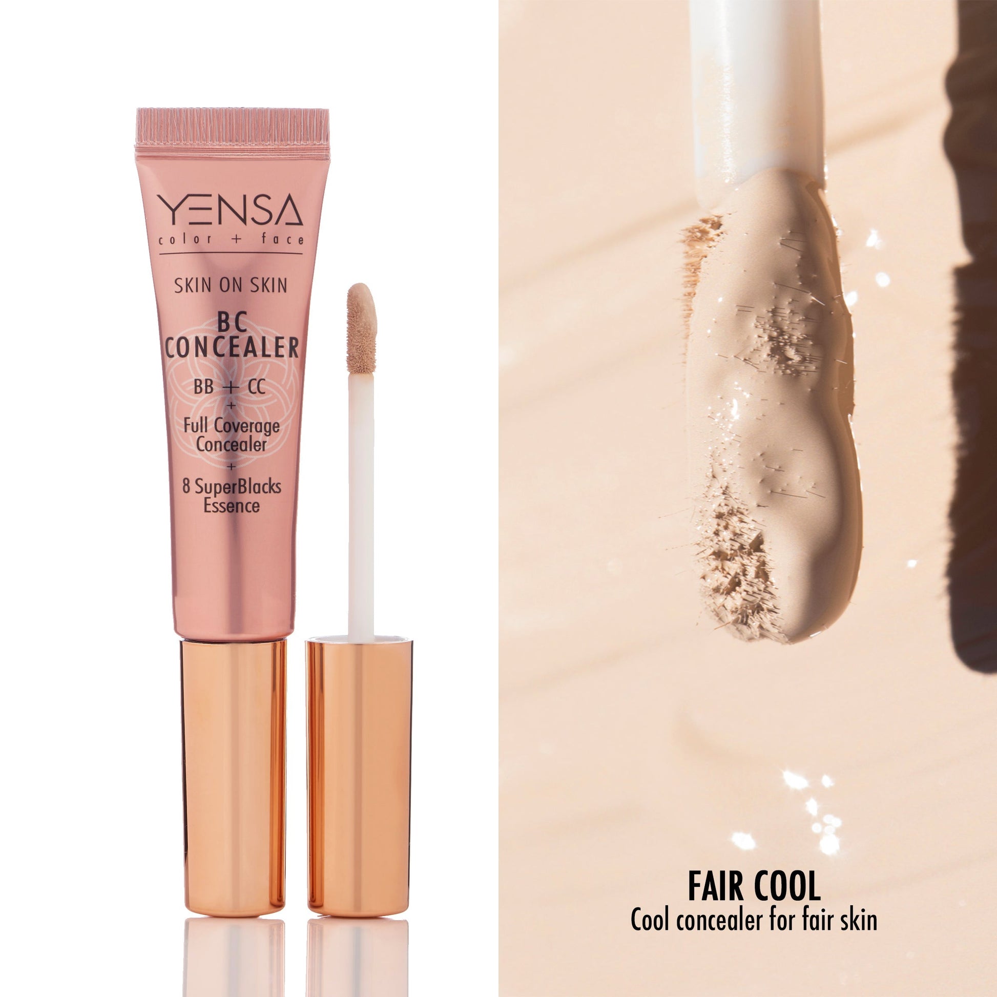 YENSA Super Serum Silk Concealer makeup in fair shade, featuring a sleek tube with applicator for flawless coverage.
