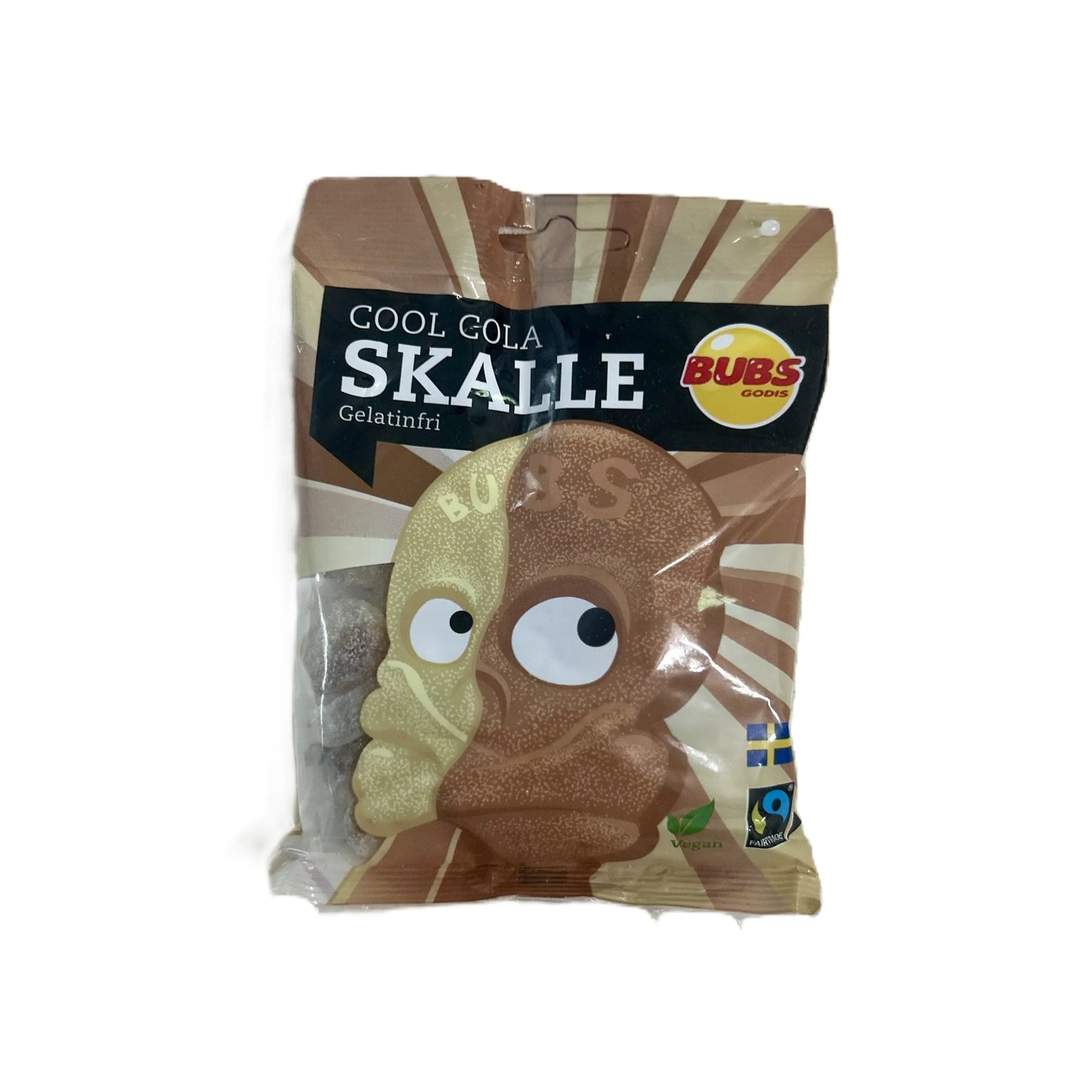 Yum At Hart Bubs Cool Cola Skulls tangy cola gummies in a 90g bag, featuring colorful skull-shaped candy pieces.