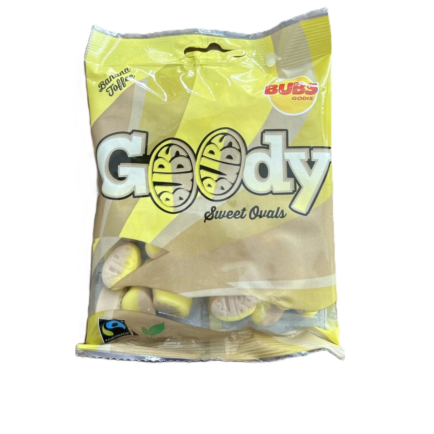 Yum At Hart Bubs Goody Banana Toffee Candy, vegan and chewy Swedish candy with banana and toffee flavor.