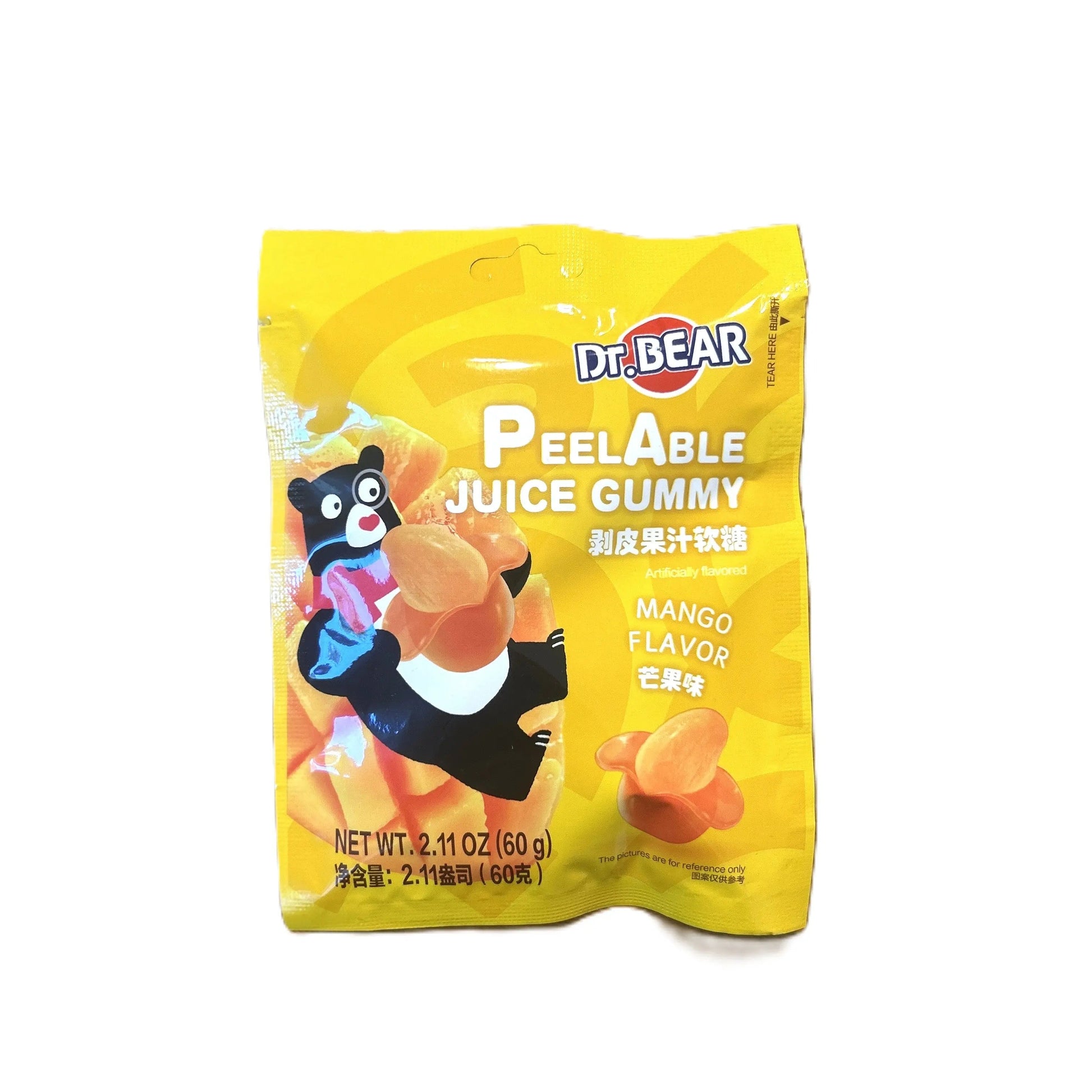 Dr. Bear Peelable Mango Gummy candy from Yum At Hart, featuring fun peel-and-eat mango-shaped gummies in vibrant orange.