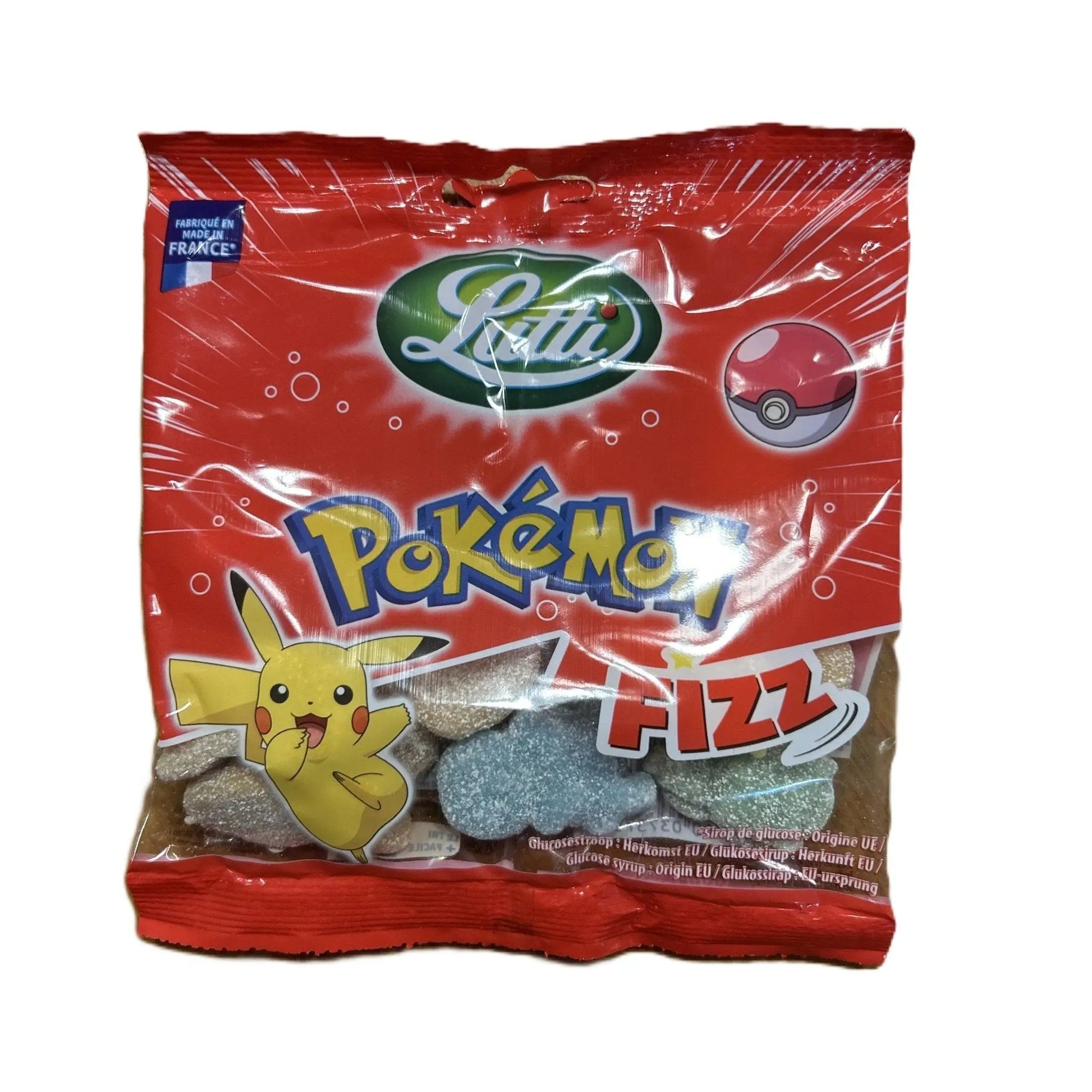 Lutti Pokémon Fizz chewy candy bag featuring colorful Pokémon-themed fizzy candy from Yum At Hart, 70g.