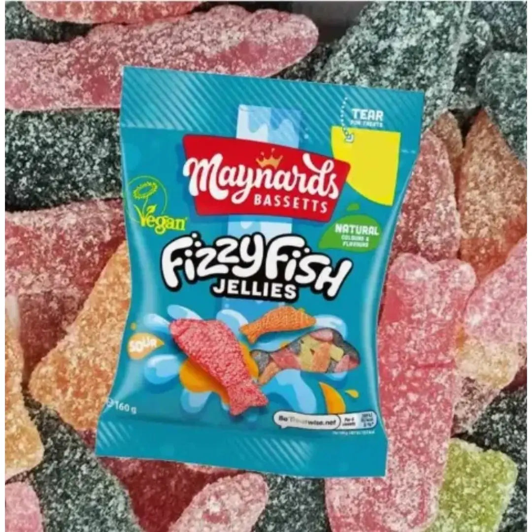 Maynards Bassetts Fizzy Fish sour and fizzy chewy candy in a 150g bag by Yum At Hart, colorful gummy fish with a tangy coating.
