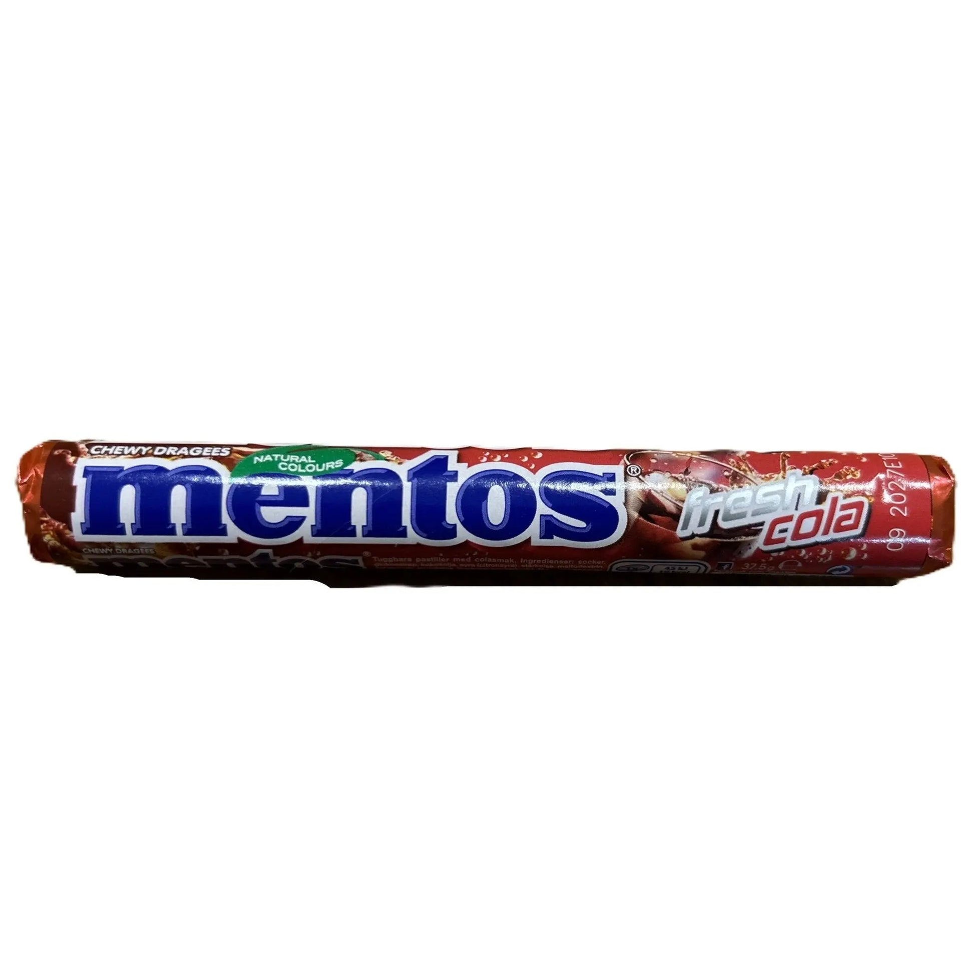 Mentos Cola Roll chewy cola-flavored candy from Yum At Hart, 38g package, with colorful candy rolls in a clear wrapper