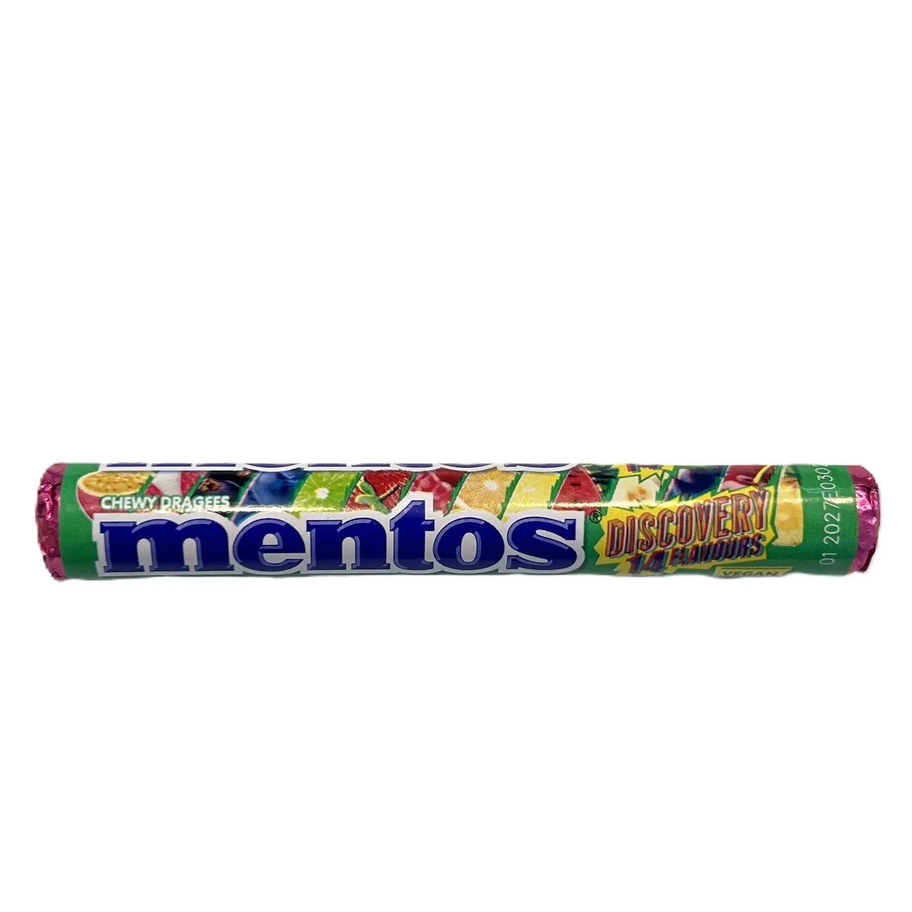 Yum At Hart Mentos Discovery assorted flavor chewy candy roll, 37g, featuring colorful candy pieces in a transparent wrapper.