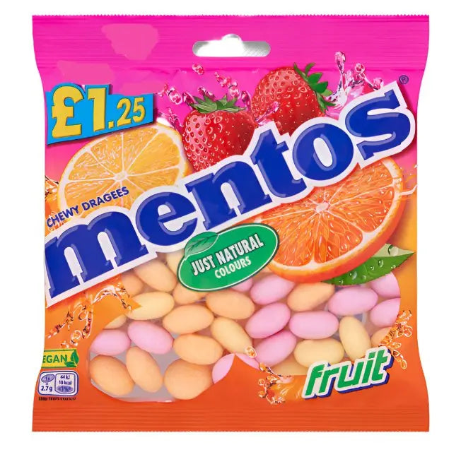Assorted Mentos Fruit Bag by Yum At Hart featuring colorful chewy fruit candies in a 135g package.