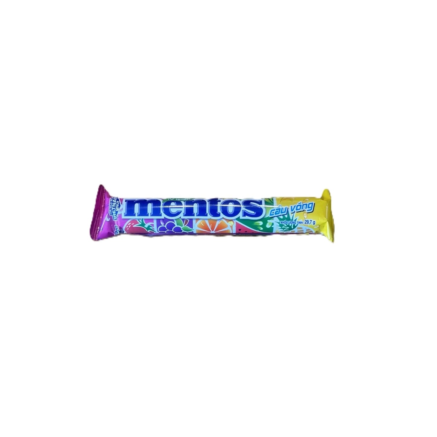 Mentos Rainbow Roll assorted fruit chewy candy by Yum At Hart, 38g, colorful fruit-flavored candy in a clear package.