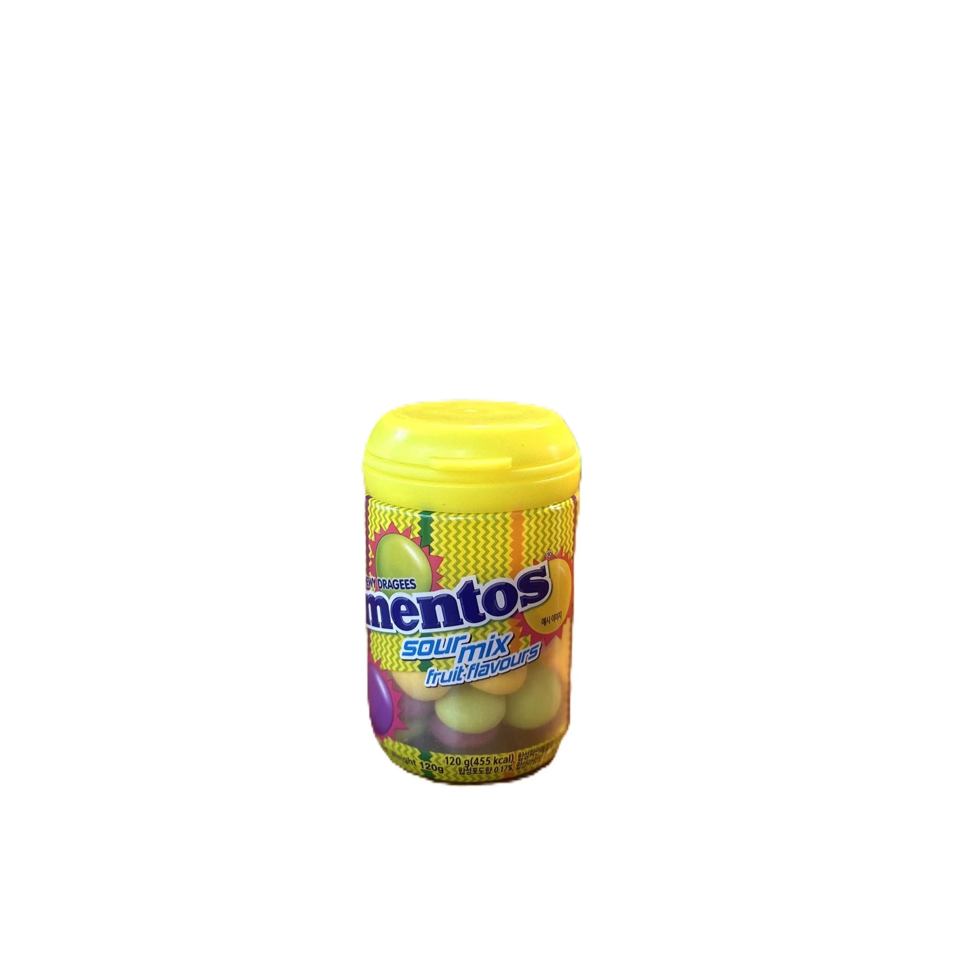 Yum At Hart Mentos Sour Mix Fruit Flavours candy bottle featuring tangy, chewy fruit-flavored candies in a 120g bottle from Korea.