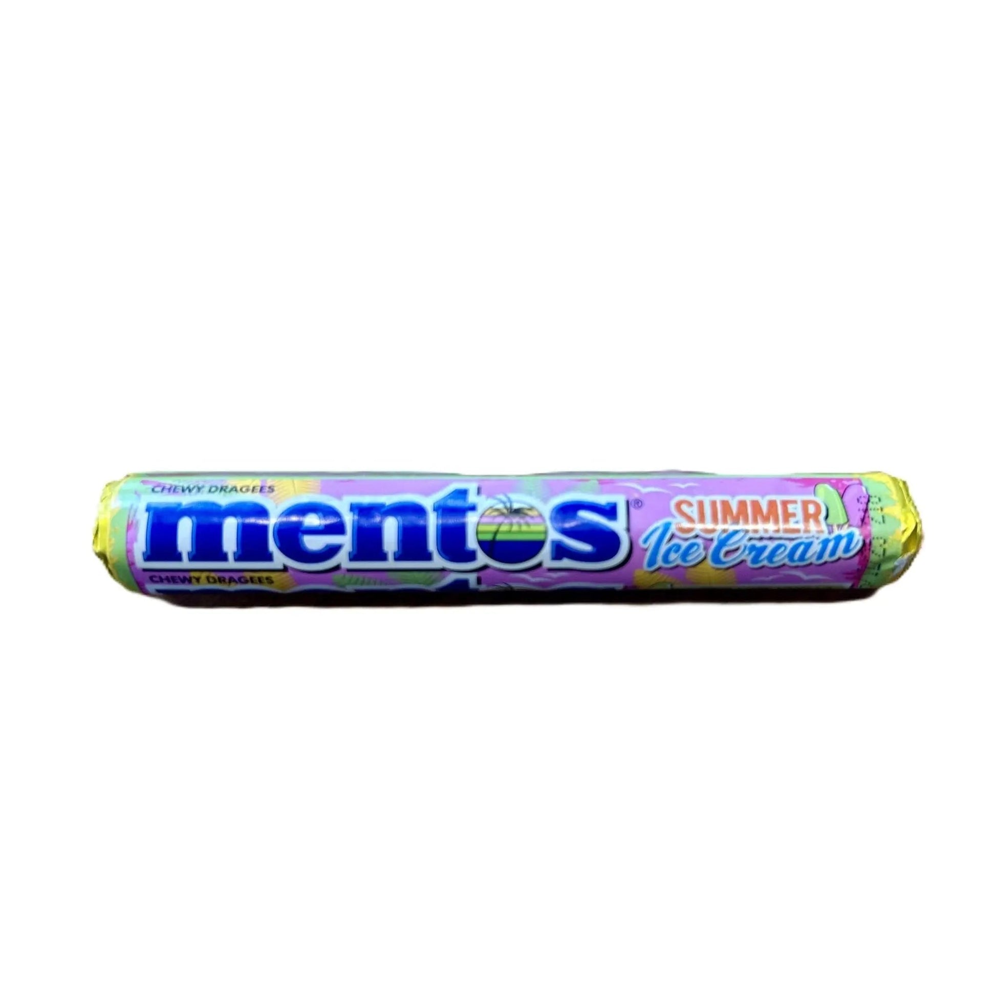 Mentos Summer Ice Cream Chewy Mint Candy roll by Yum At Hart, featuring colorful mint candies inspired by ice cream flavor in a 37.5g roll.