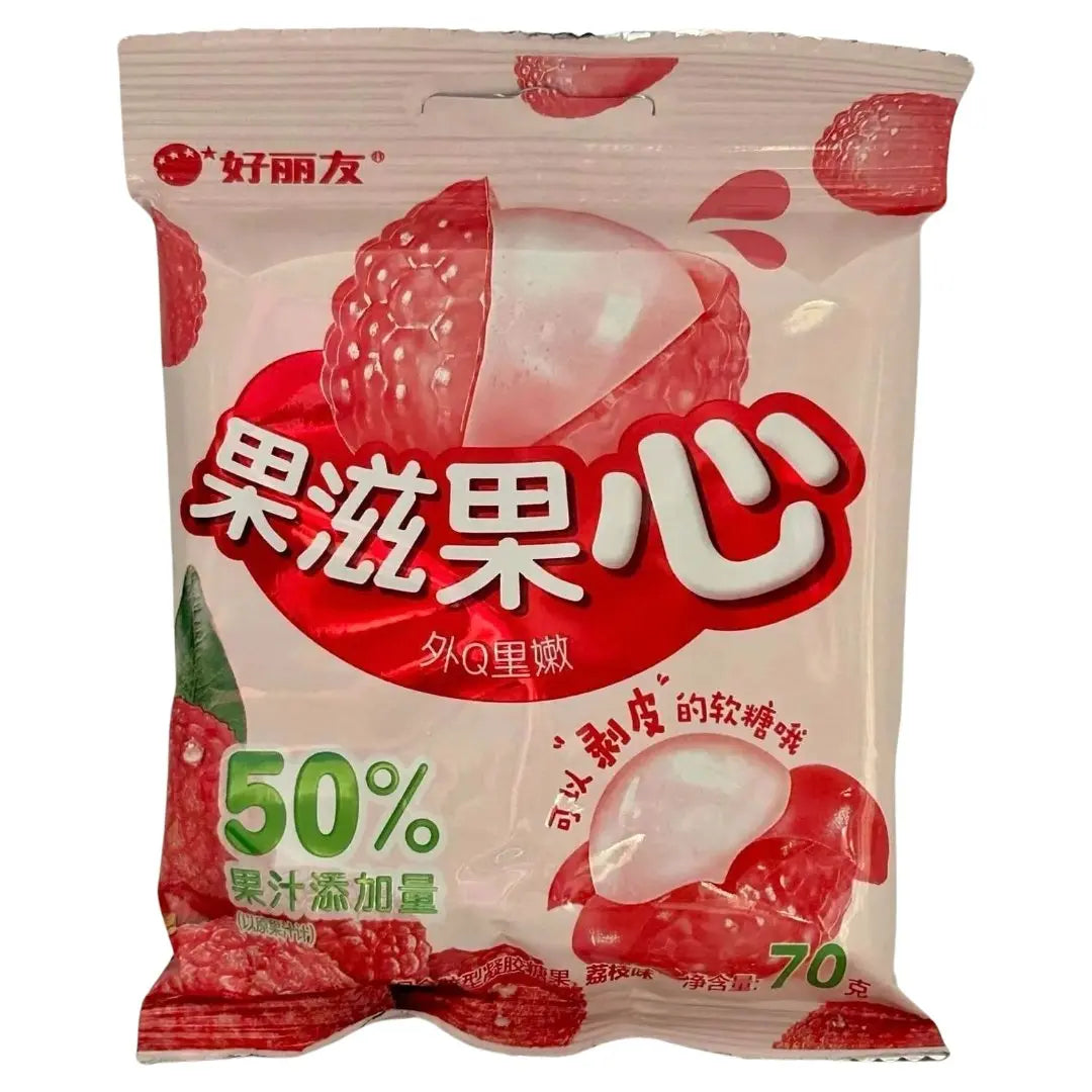 Orion Lychee Kernel Jelly candy by Yum At Hart featuring translucent lychee-flavored jelly snack in a clear container.