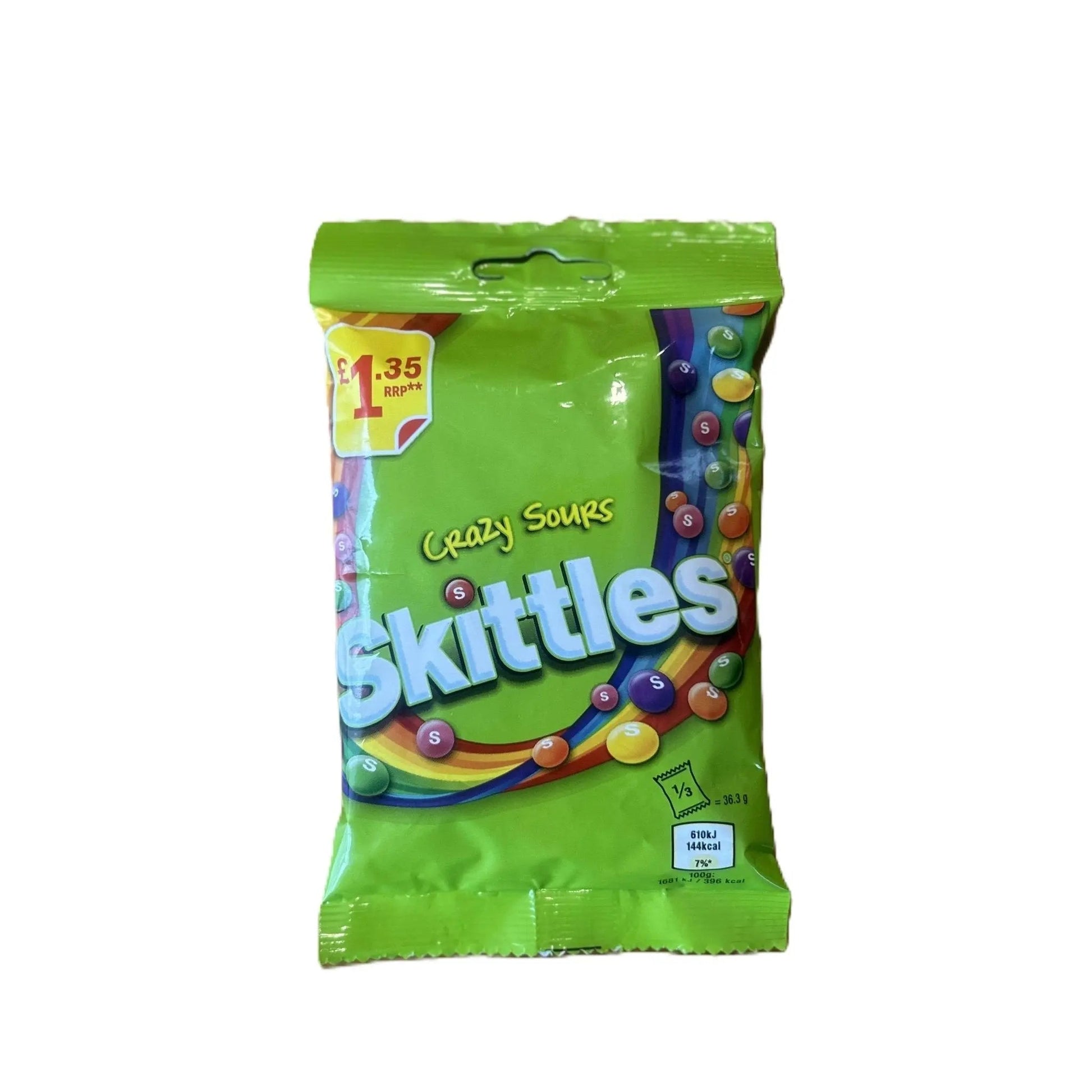 Yum At Hart Skittles Crazy Sour candy bag with colorful tangy fruit chews, 109g, showcasing vibrant candy pieces.