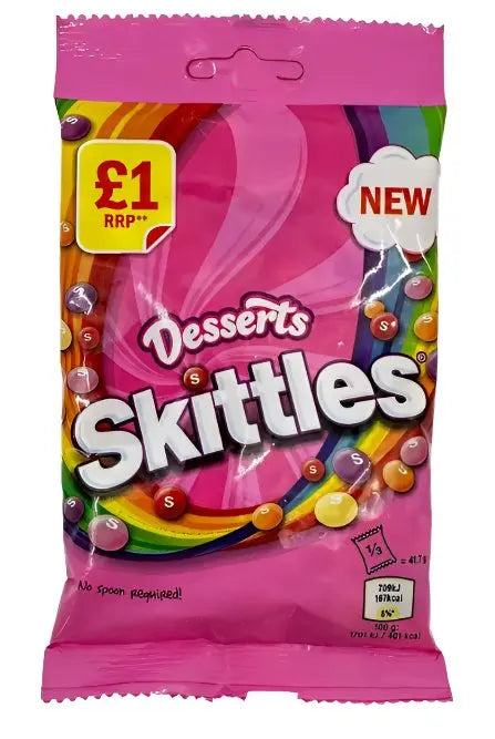 Yum At Hart Skittles Desserts Sweets fruity chewy candy in a 125g bag, colorful candy pieces displayed.