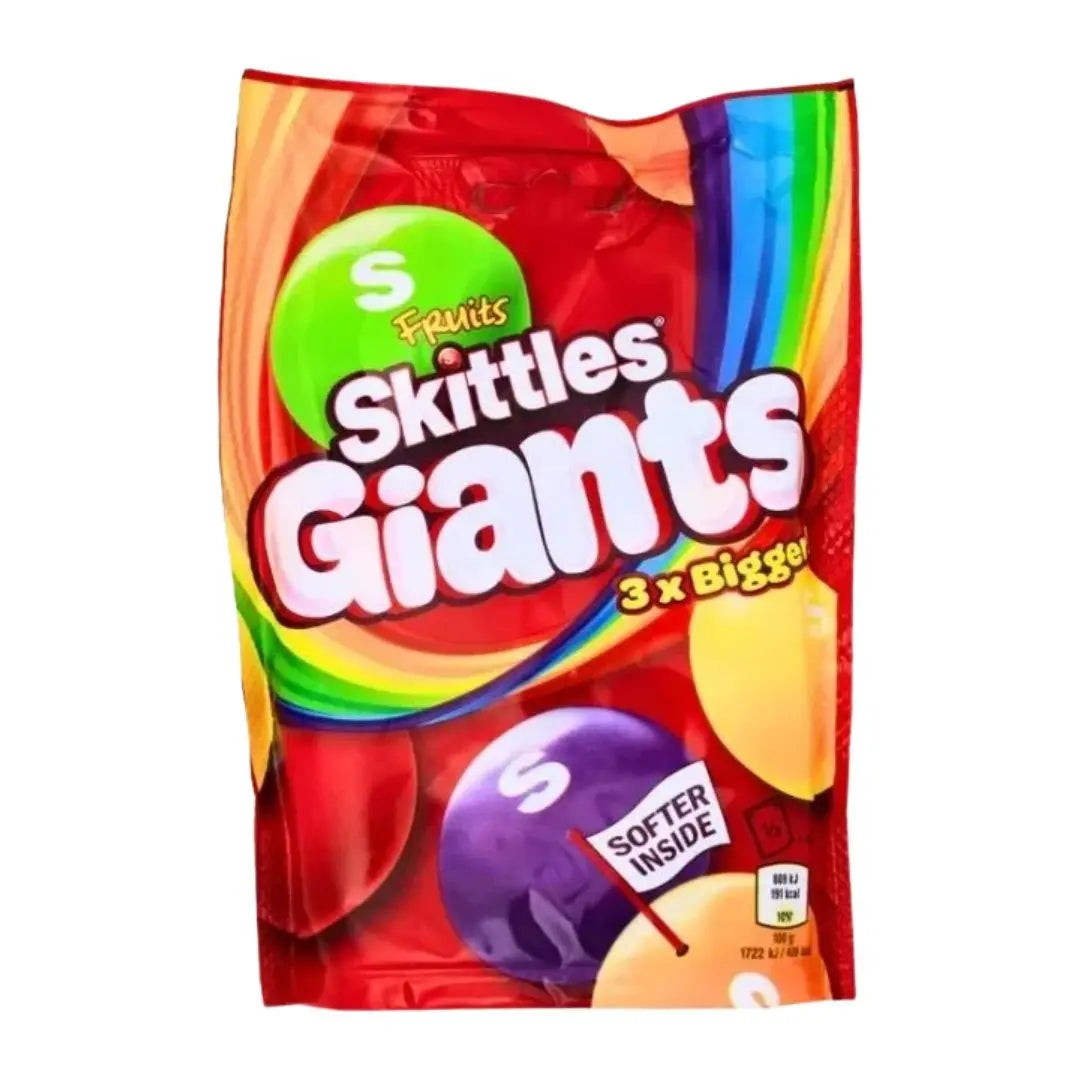 Yum At Hart Skittles Fruits Giants large fruity chewy candy bag, colorful assorted flavors in a 116g pack.
