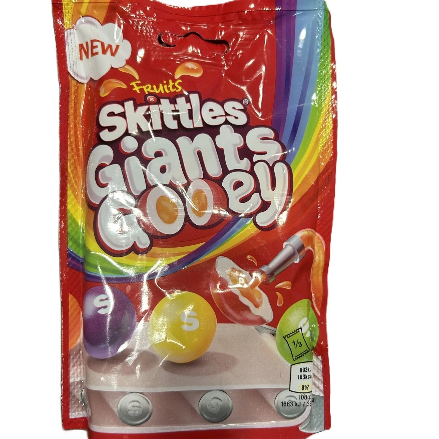Yum at Hart Skittles Giants Gooey Sweets Fruits candy with soft shell and juicy center in a 125g treat bag, colorful fruit-shaped candies.