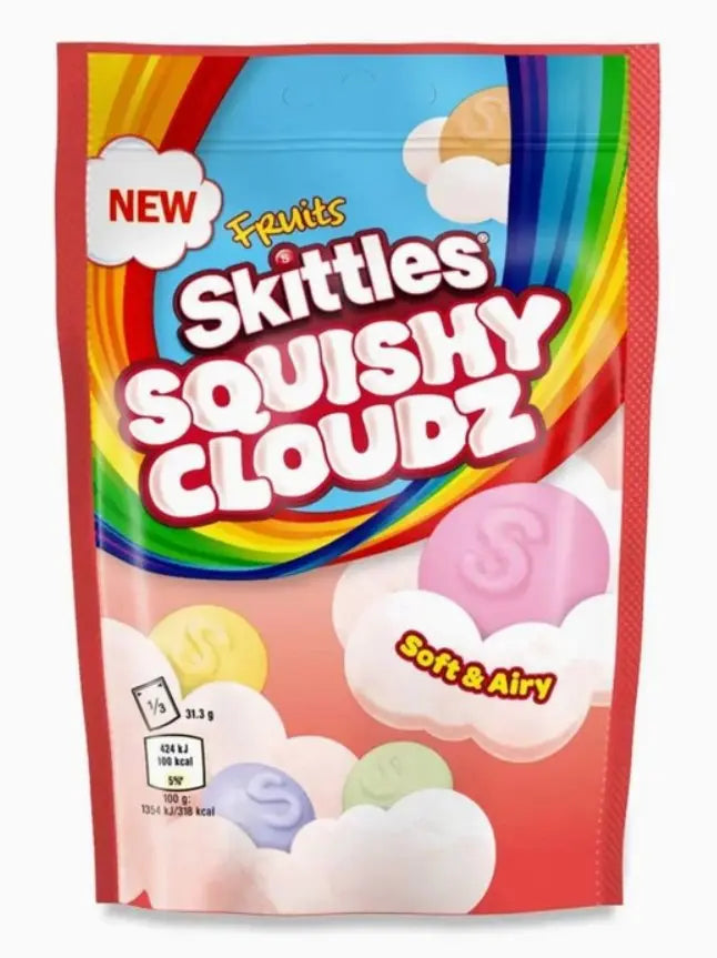 Yum At Hart Skittles Squishy Cloudz fruit-flavored chewy sweets in a 94g pouch, colorful candy pieces with cloud-like texture.
