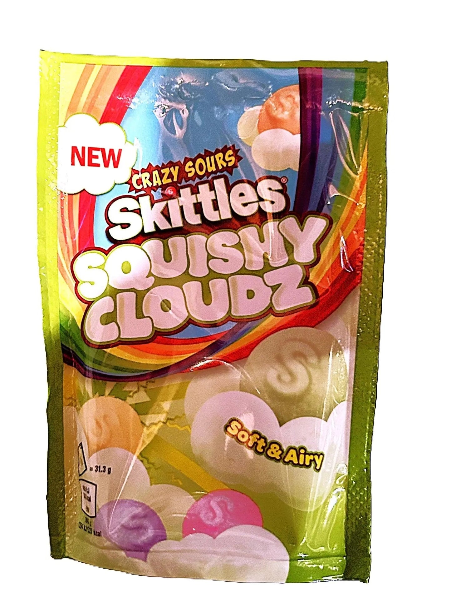 Yum At Hart Skittles Squishy Crazy Cloudz Sour candy gummies in a 94g bag, soft, tangy, fruit-flavored chewy sweets.