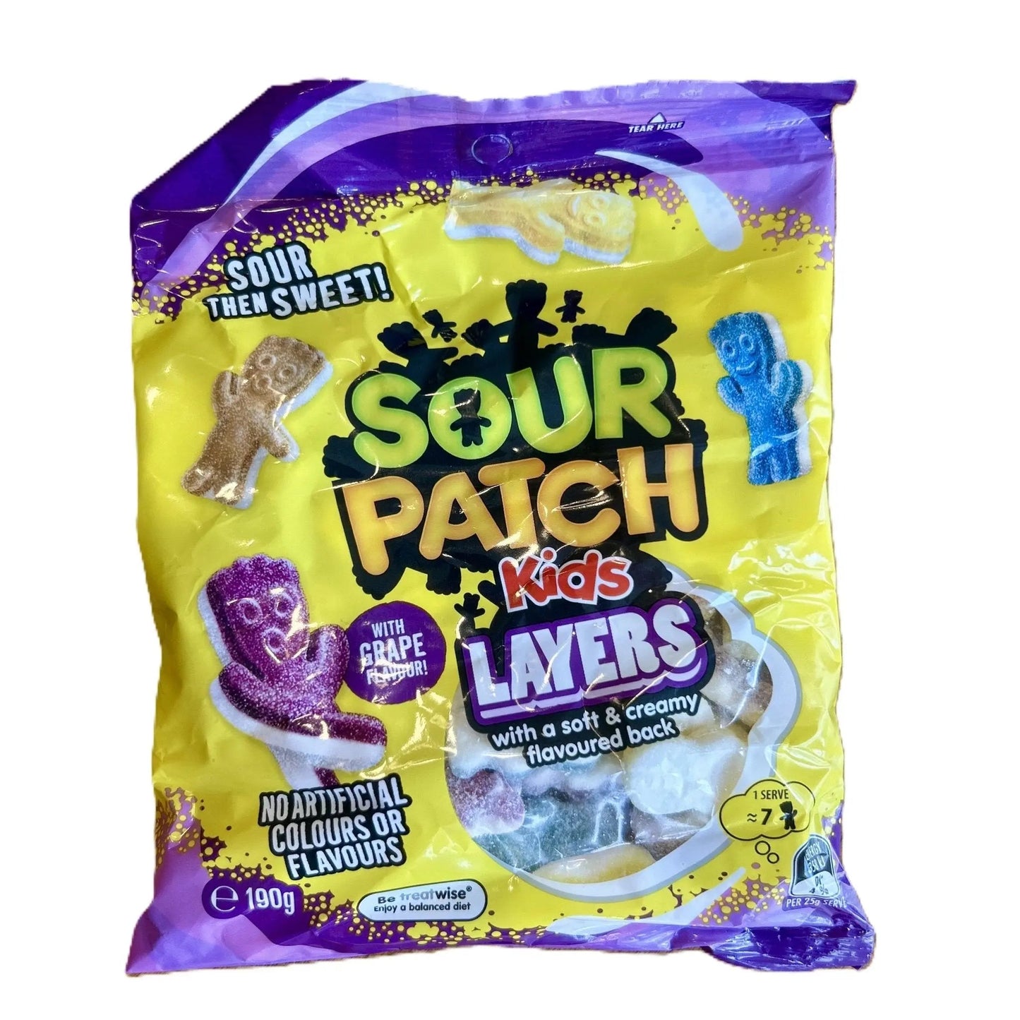 Yum At Hart Sour Patch Kids Layers dual-flavor sour gummies in a clear bag, showcasing colorful layered candies.