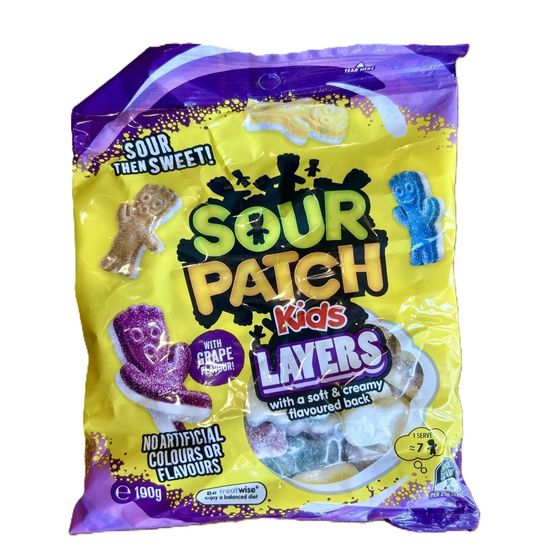 Yum At Hart Sour Patch Kids Layers dual-flavor sour gummies in a clear bag, showcasing colorful layered candies.
