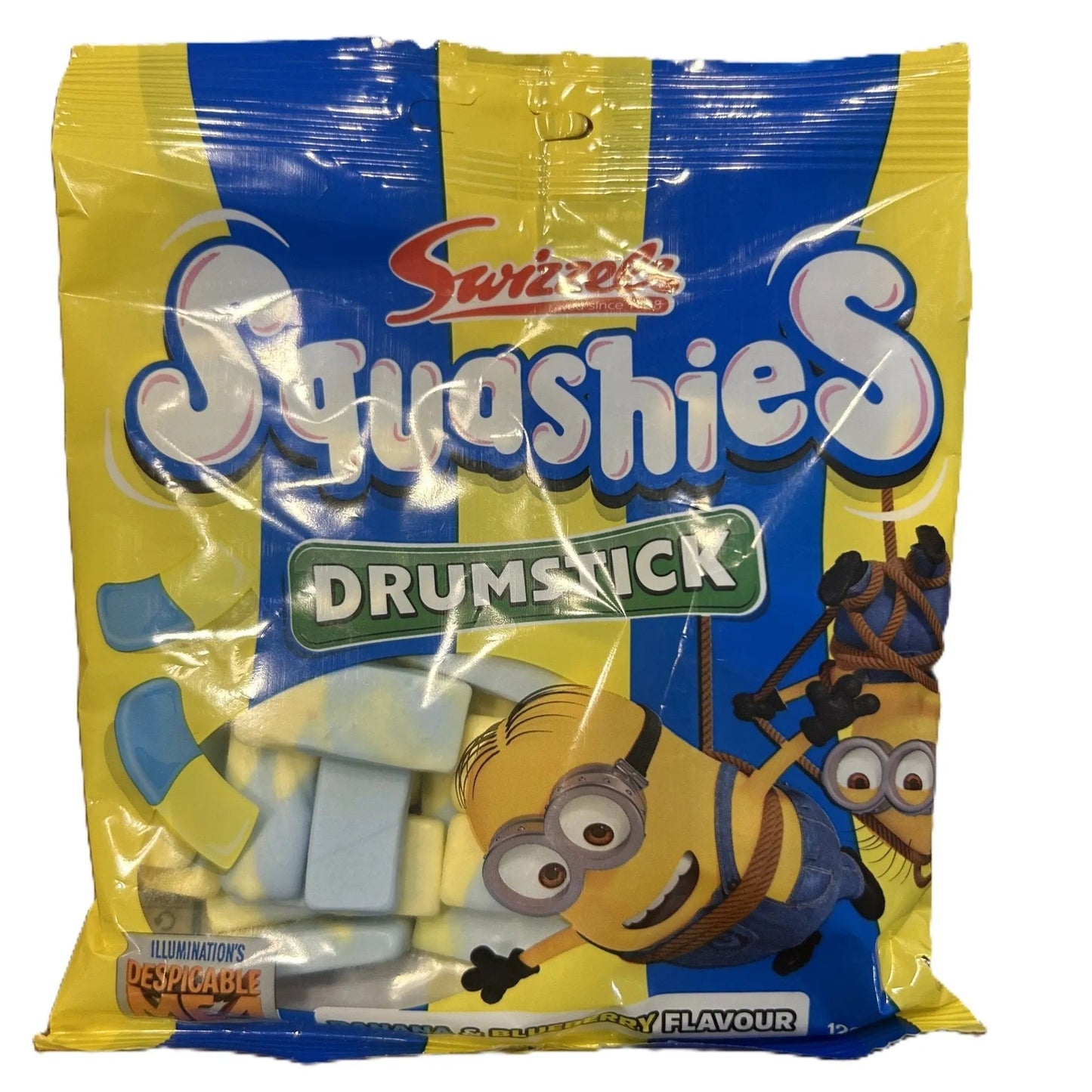 Yum At Hart Swizzels Drumstick Squashies Minions candy bag with banana and blueberry flavored chewy candies, 120g, UK.