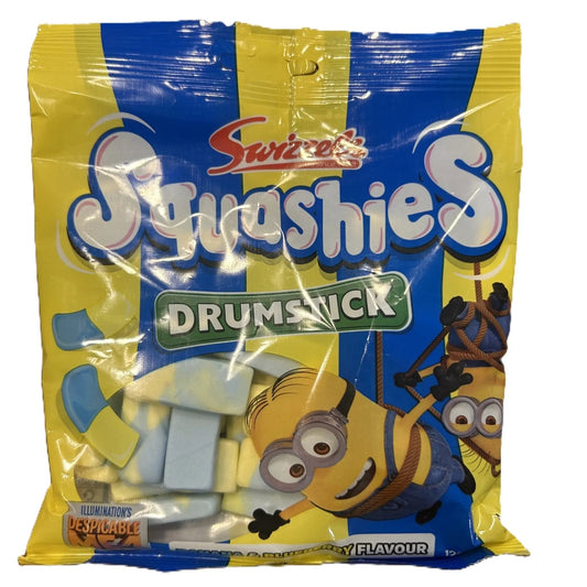 Yum At Hart Swizzels Drumstick Squashies Minions banana and blueberry flavored chewy candies in a 120g bag.