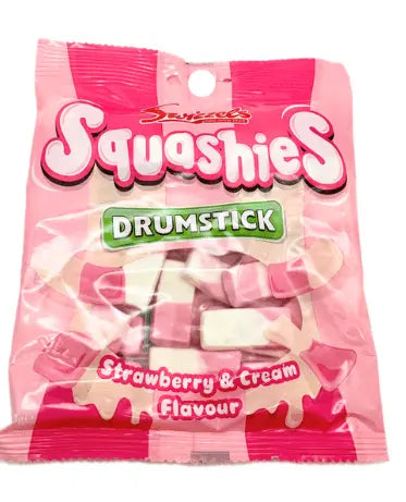 Yum At Hart Swizzels Squashies Strawberry and Cream soft chewy candy in a 120g bag, showing colorful candy pieces.