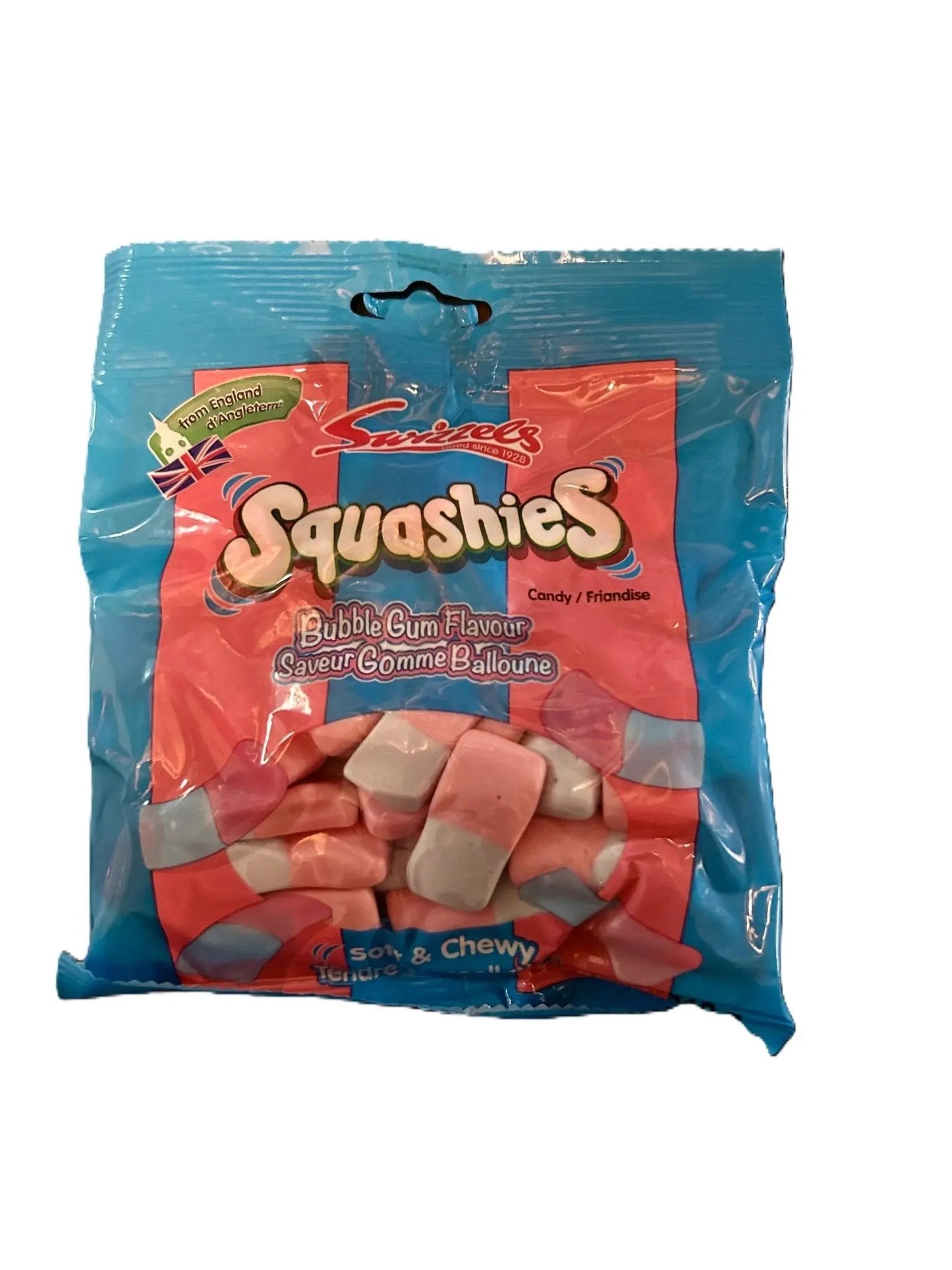 Yum At Hart Swizzles Squashies Original Bubblegum candy bag with soft, chewy pink and blue bubblegum candies, 120g.