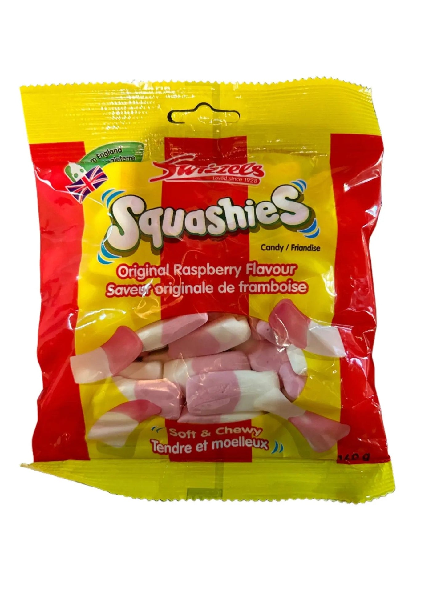 Yum At Hart Swizzles Squashies Original Raspberry soft chewy candies in a 120g bag, featuring raspberry and milk flavor candies.