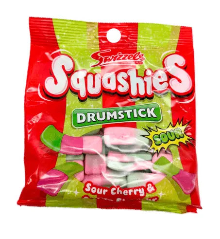 Yum At Hart Swizzles Squashies Sour Cherry and Apple chewy candies in a 120g bag, featuring colorful soft, tangy sweets.