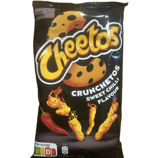 Cheetos Crunchetos Sweet Chili chips by Yum At Hart, crunchy chili-flavored corn snacks in a 70g bag, Finland.