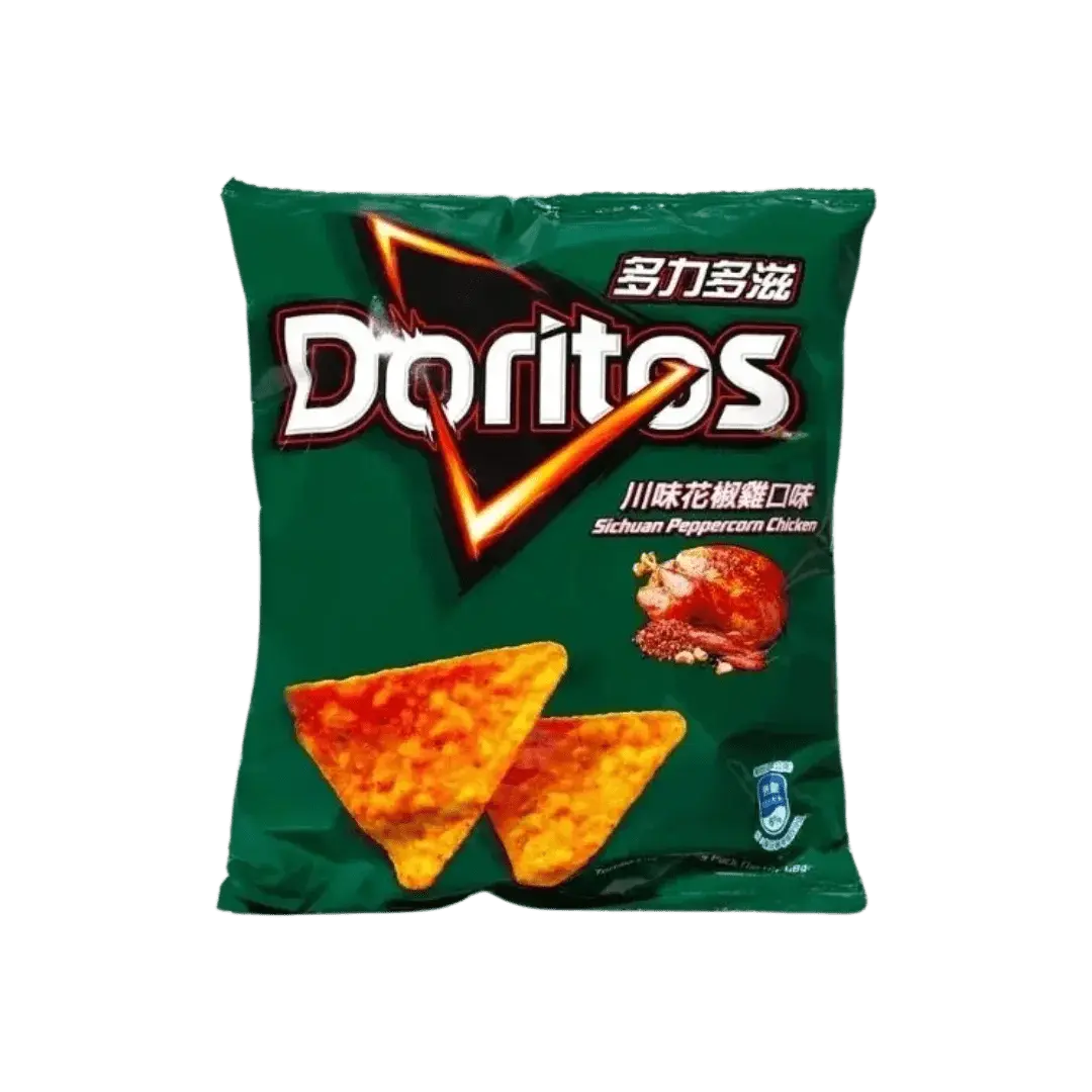 Doritos Sichuan Peppercorn Chicken chips in a 40g bag, spicy and savory corn chips by Yum At Hart from Taiwan.