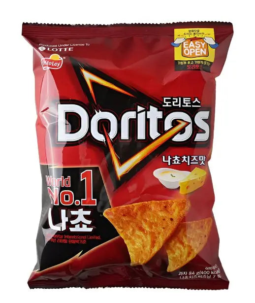 Korean Nacho Cheese Doritos chips by Yum At Hart, crispy and bold-flavored snack in 84g bag, featuring cheesy nacho flavor.