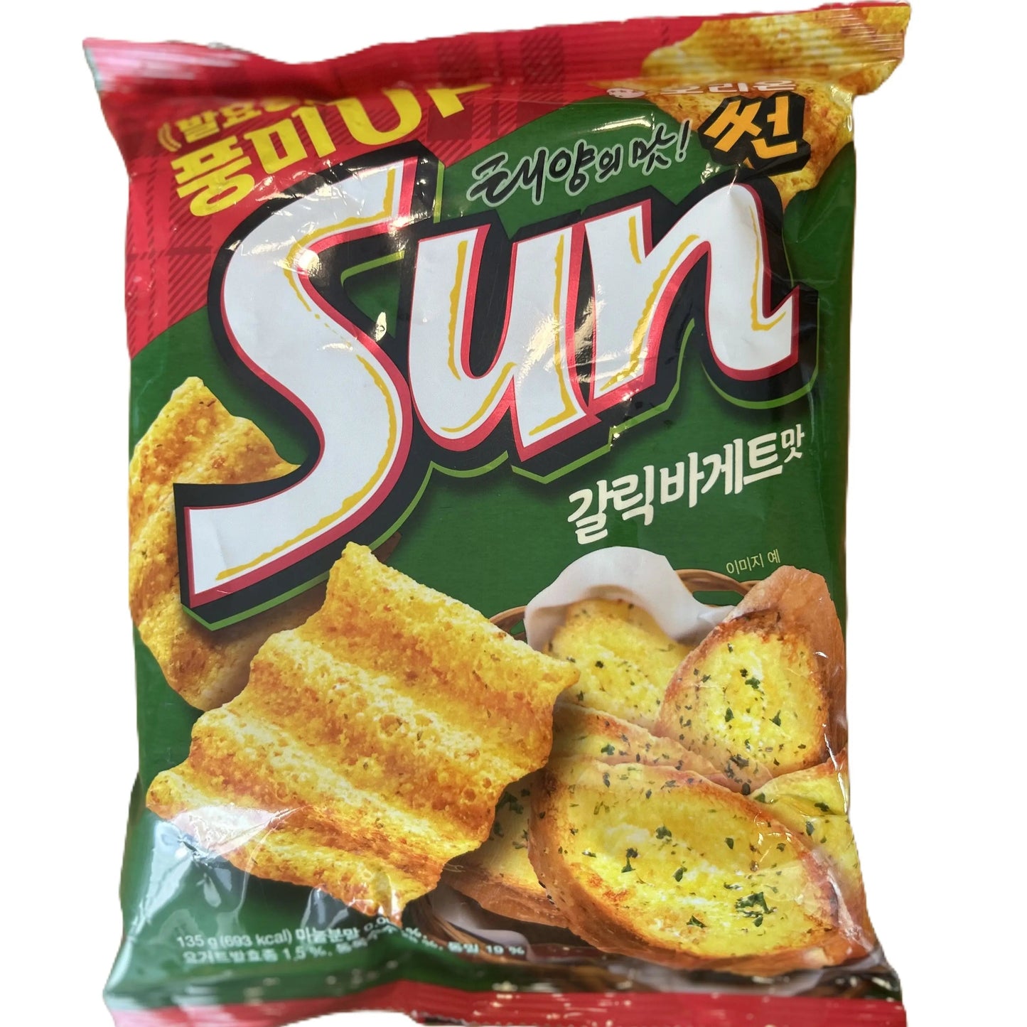 Yum At Hart Korean Sun Chips Garlic Bread 135g, crunchy and savory snack with garlic bread flavor in a colorful bag.