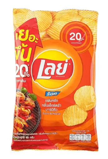 Yum At Hart Lay’s Extra BBQ flavor bold and smoky potato chips in a 55g bag, showcasing crispy chips with smoky barbecue seasoning.