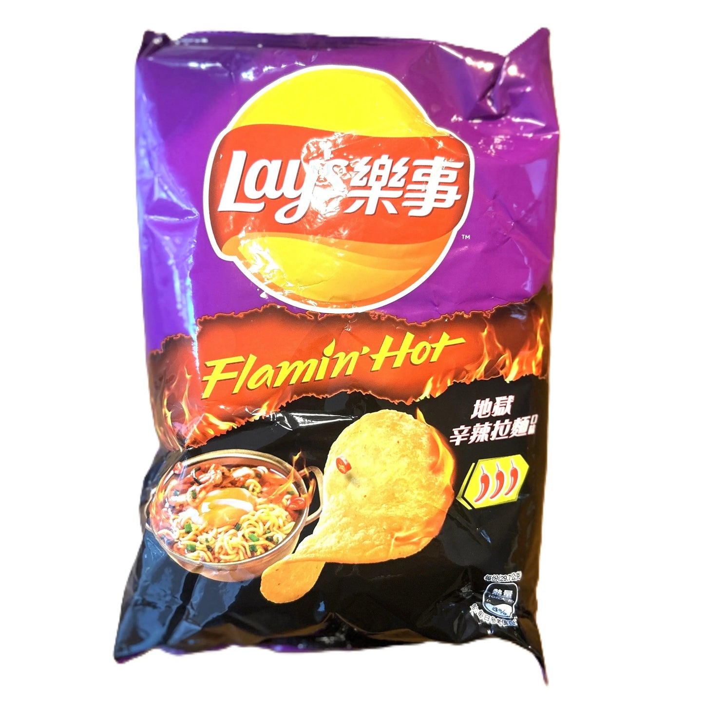 Yum At Hart Lay’s Flaming Hot Spicy Ramen Flavor chips in a colorful bag, spicy potato chip snack from Taiwan
