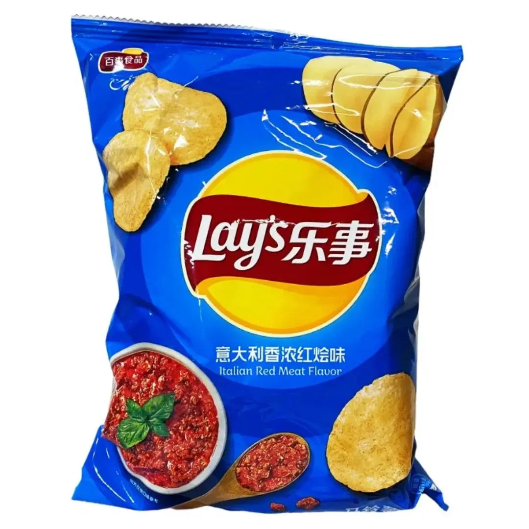 Yum At Hart Lay’s Italian Red Meat Flavor savory potato chips in a colorful bag, showcasing the chips with Italian herbs and red meat flavor.