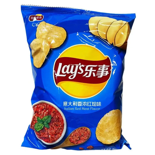 Yum At Hart Lay’s Italian Red Meat flavored potato chips in a colorful bag, showcasing savory chips with Italian red meat seasoning.