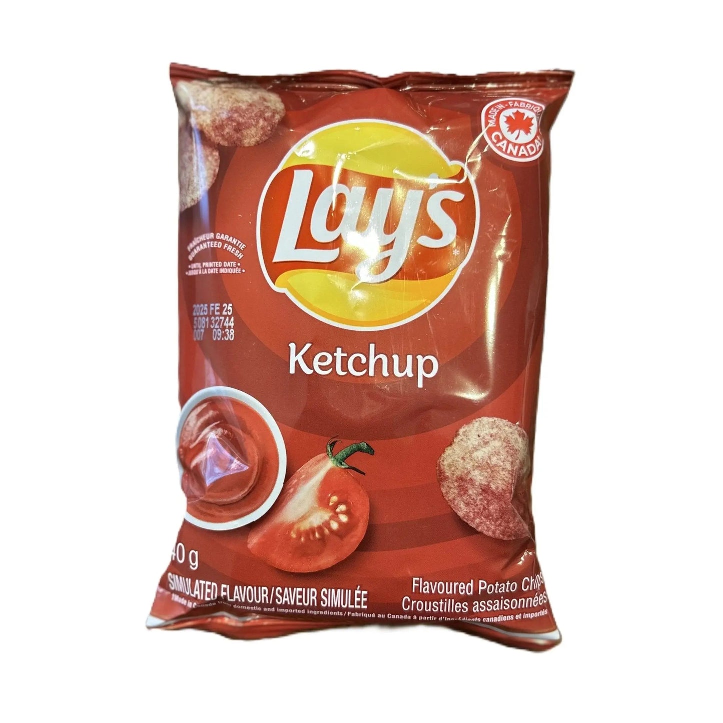 Yum At Hart Lay’s Ketchup flavor Canadian potato chips in a 60g bag, featuring classic ketchup seasoning and crisp texture.