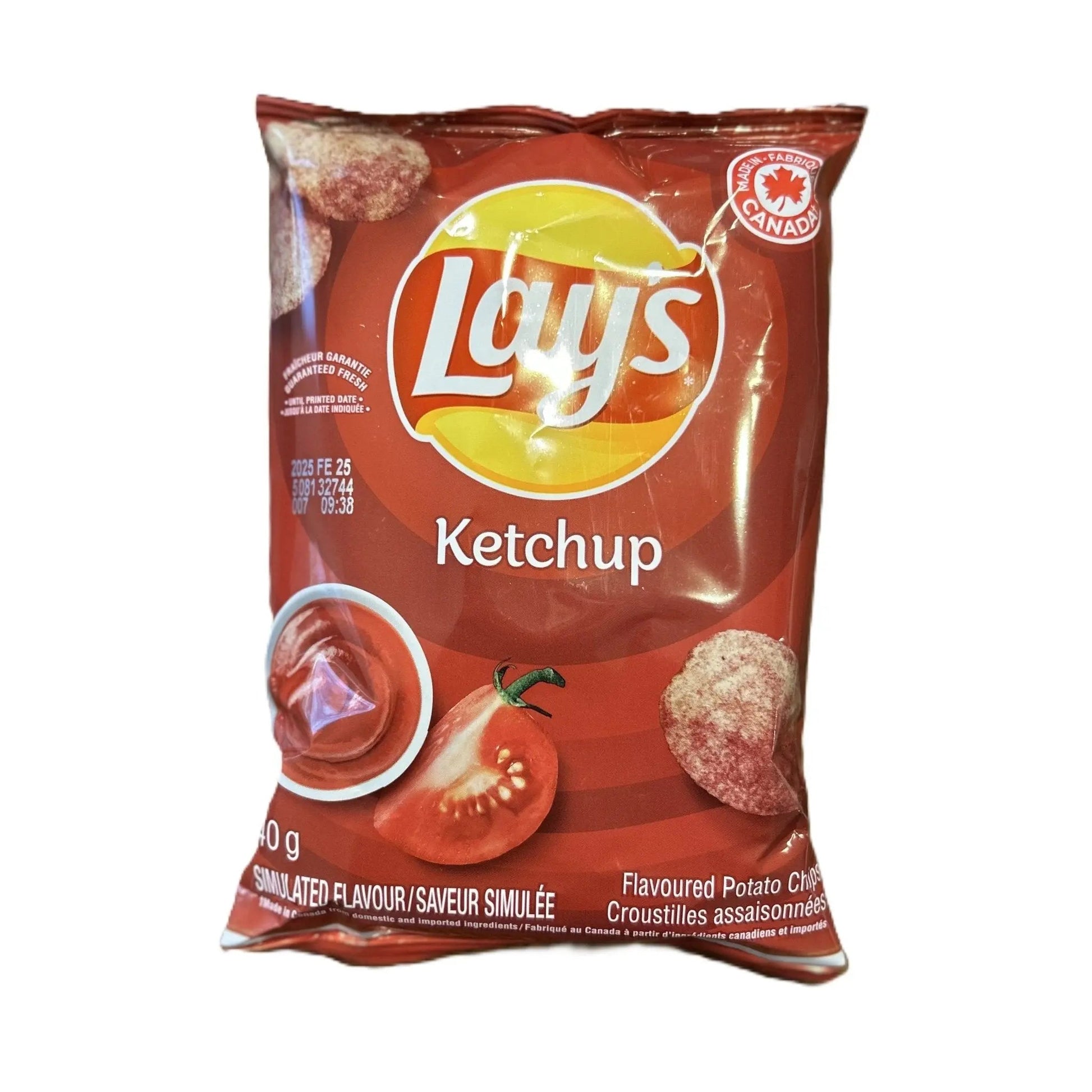 Yum At Hart Lay’s Ketchup flavor Canadian potato chips in a 60g bag, featuring classic ketchup seasoning and crisp texture.