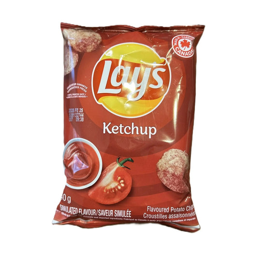 Lay’s Ketchup flavor potato chips by Yum At Hart in a 60g bag, featuring classic Canadian ketchup seasoning.