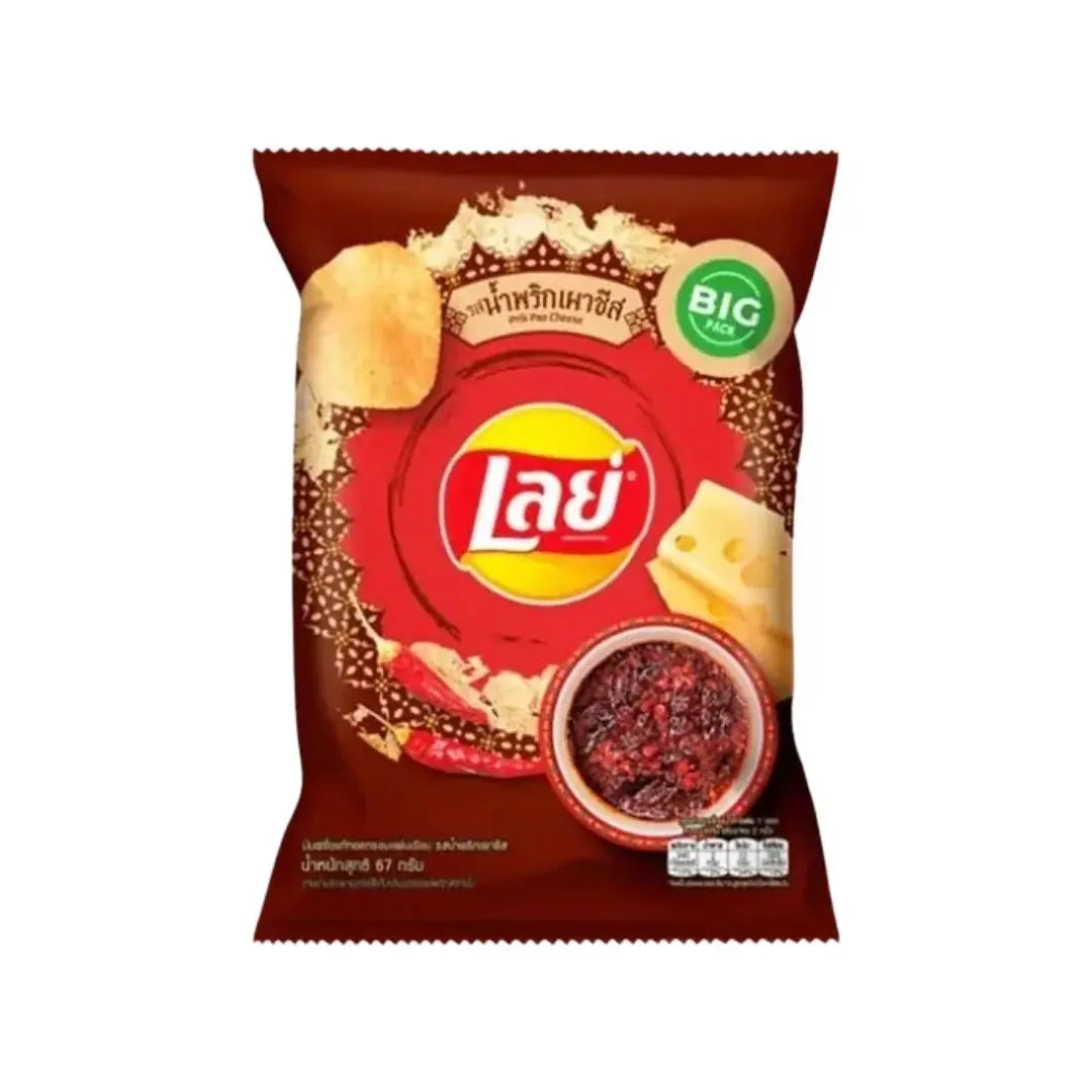 Yum At Hart Prik Pao Cheese chips featuring spicy chili and cheese flavor in a colorful snack bag from Thailand.