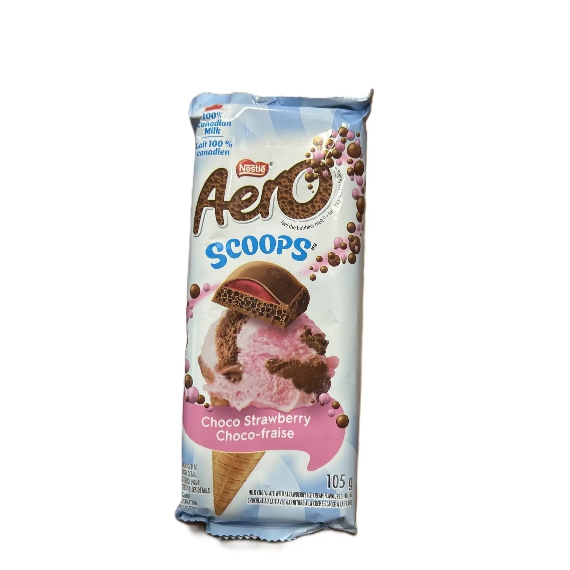 Yum At Hart Aero Scoops Choco Strawberry chocolate bar with light, creamy texture and strawberry flavor, 120g, Canadian packaging.