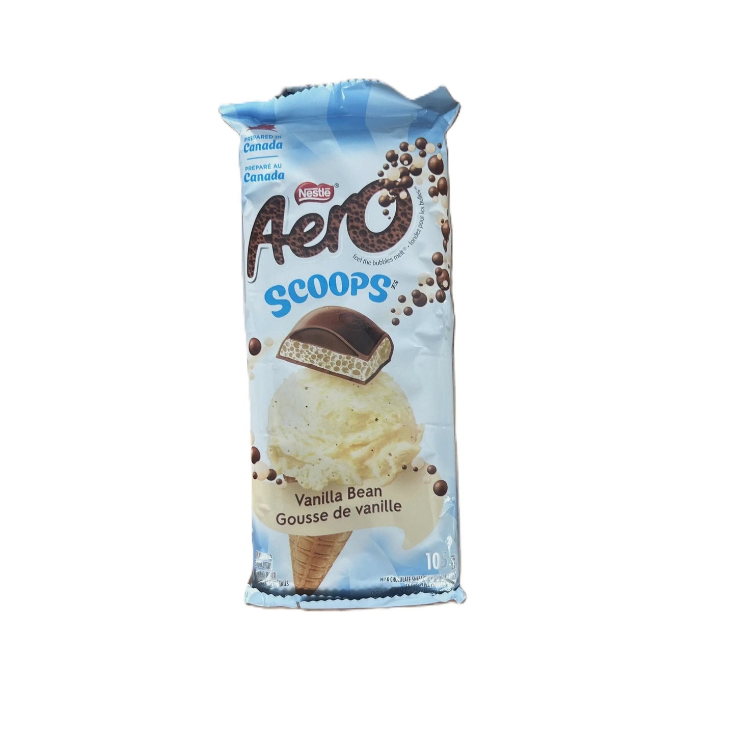Aero Scoops Vanilla Bean chocolate treat by Yum At Hart, smooth and creamy chocolate in 120g package, shown in a close-up image.