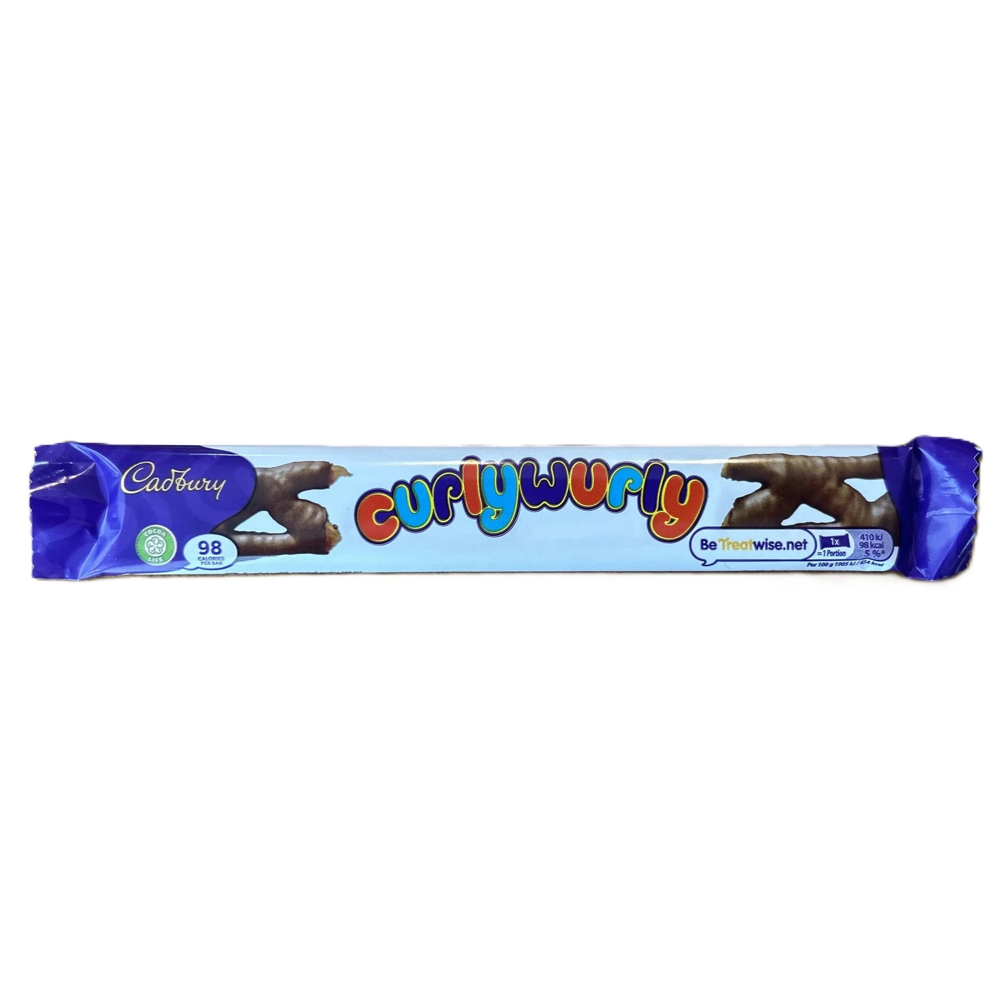 Yum At Hart Cadbury Curly Wurly chocolate caramel twist bar, classic UK chocolate treat with a chewy caramel center.