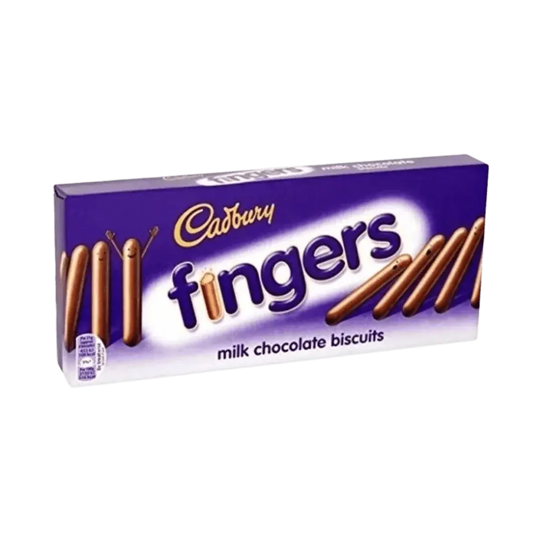 Yum At Hart Cadbury Dairy Milk Fingers chocolate-covered biscuits in a 114g package, showing the biscuits coated in smooth chocolate