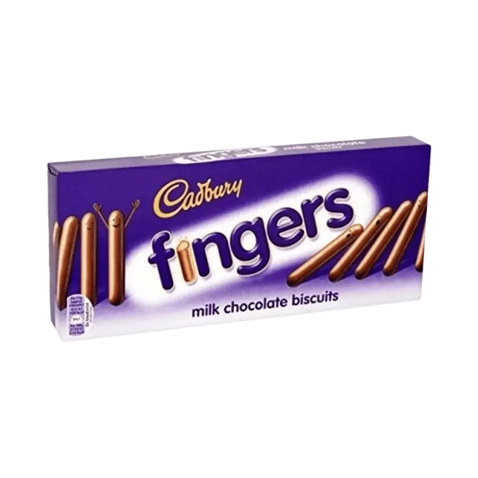 Yum At Hart Cadbury Dairy Milk Fingers chocolate-covered biscuits in a 114g pack, showing the biscuit sticks coated with smooth Dairy Milk chocolate.